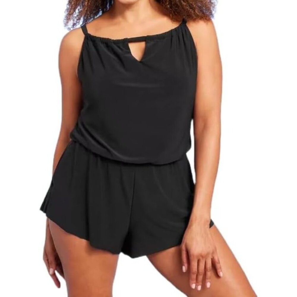Aqua Green Womens LG UPF 50 High Neck Swim Romper Pockets One Piece Swimsuit NEW